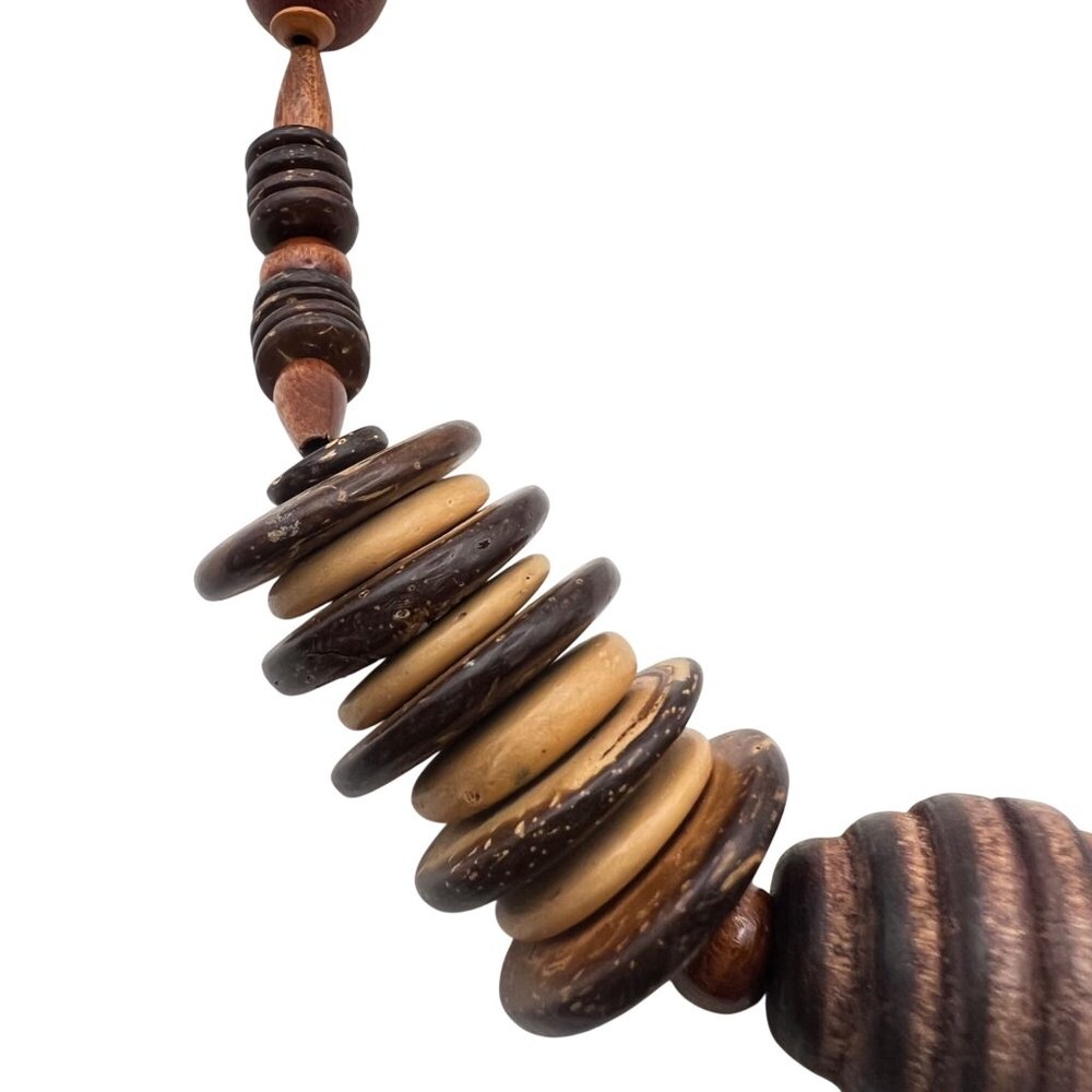 Chunky 27" Boho Wood Coconut Shell Statement Necklace Tribal Throw Over Festival - Picture 6 of 9
